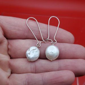 925 Sterling Silver Handmade Circle White Pearl Dangle Earrings